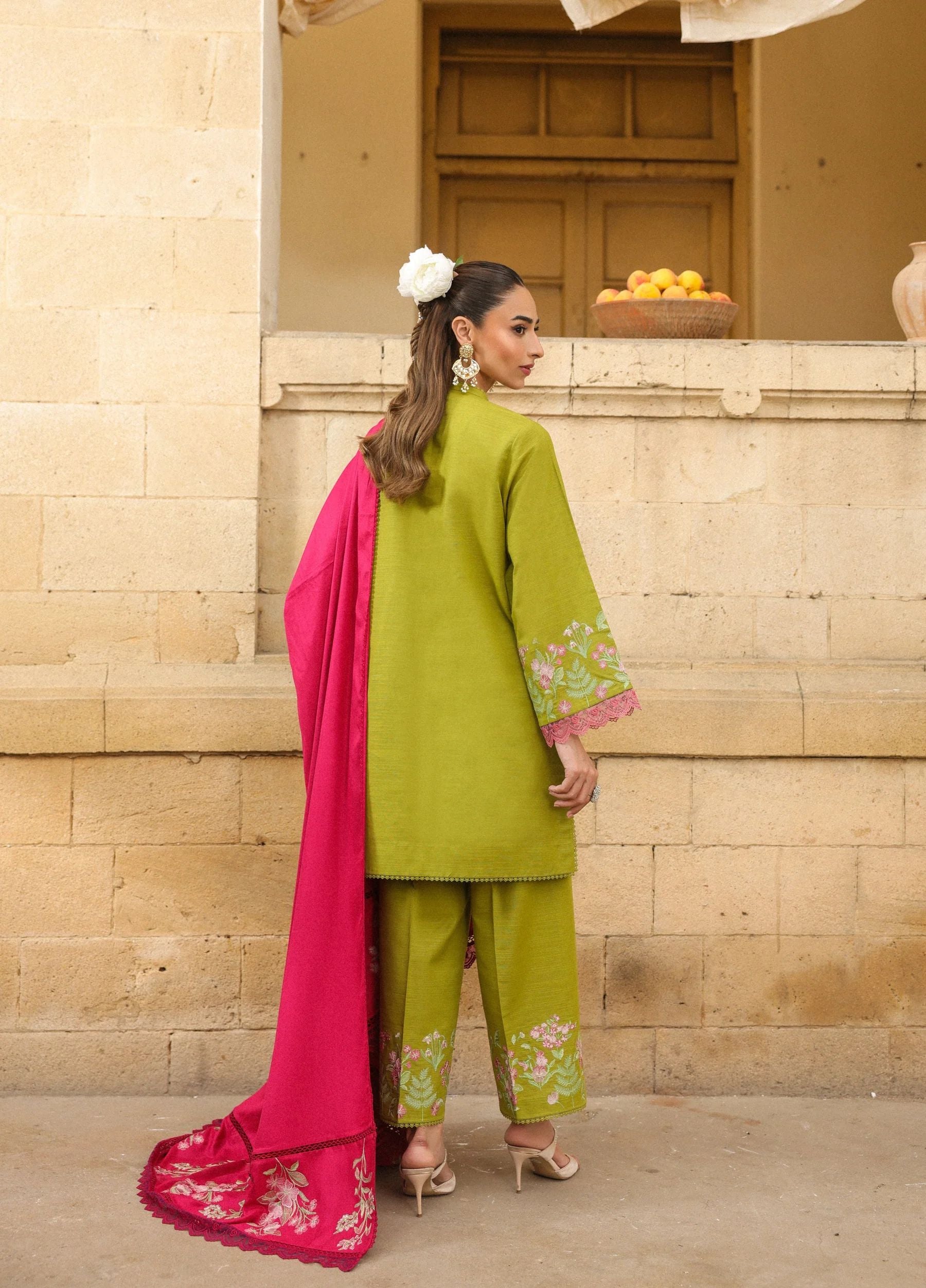 ZSA2 Ziya by Sahar – Olive Embroidered Khaddar 3PC with Wool Shawl