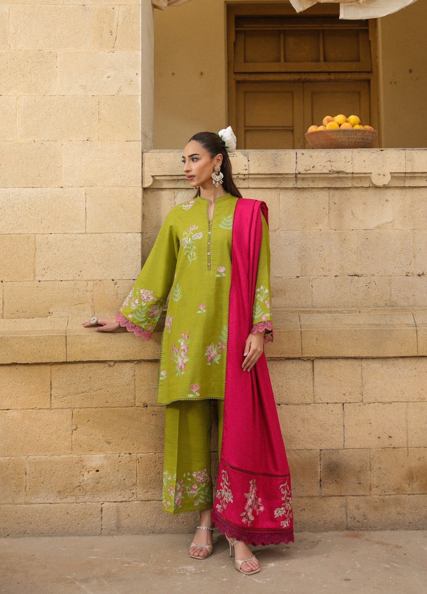 ZSA2 Ziya by Sahar – Olive Embroidered Khaddar 3PC with Wool Shawl