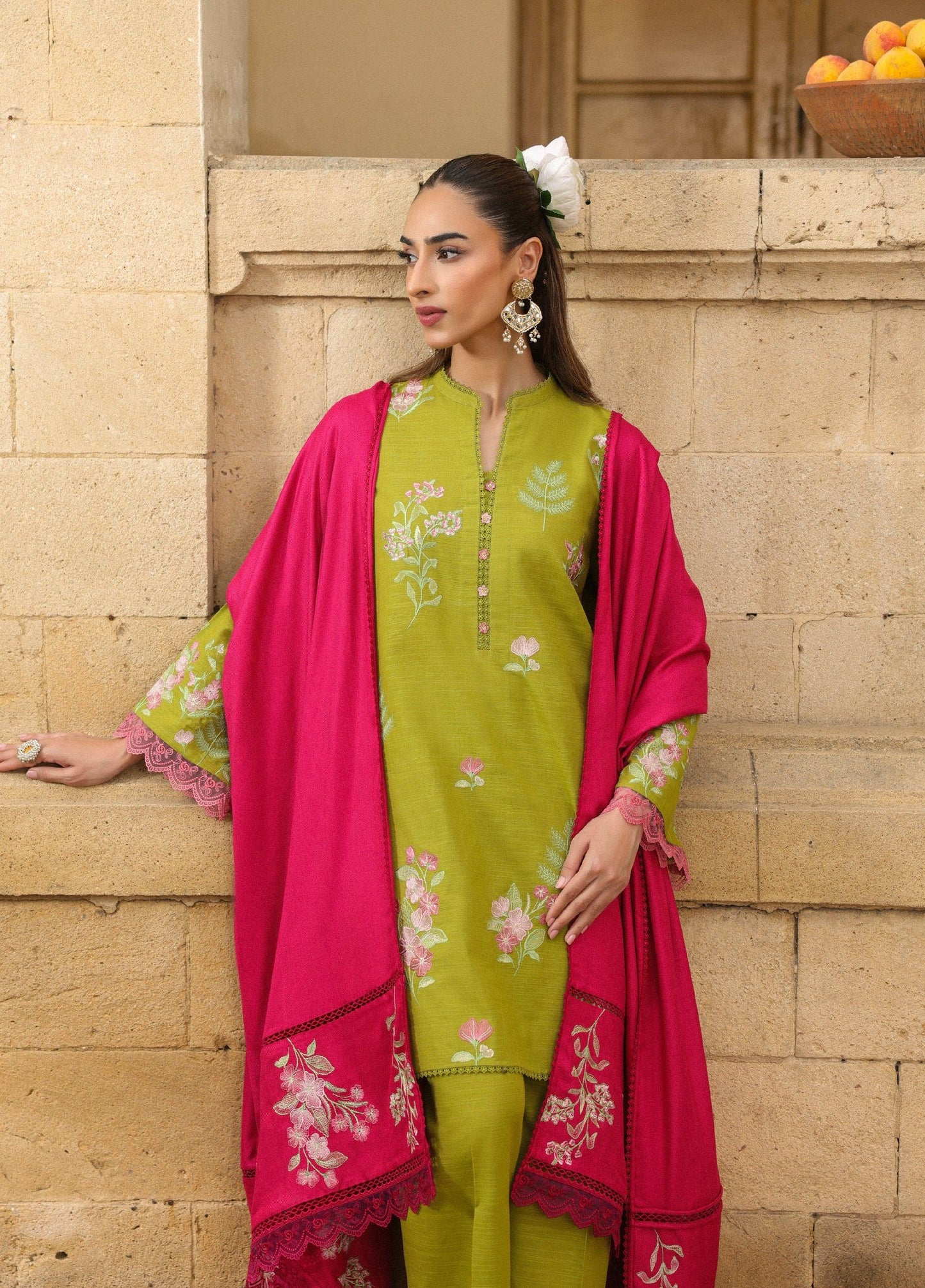 ZSA2 Ziya by Sahar – Olive Embroidered Khaddar 3PC with Wool Shawl