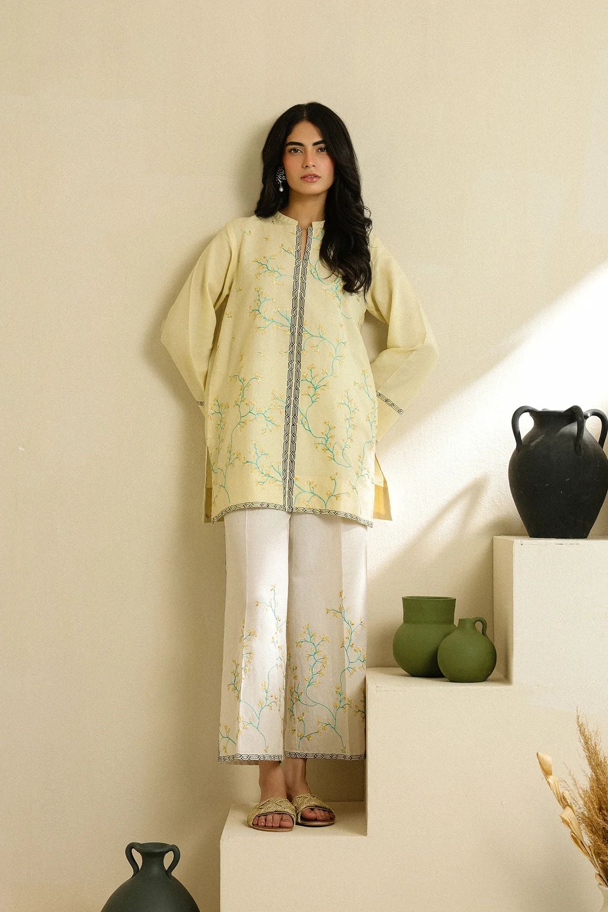 Butter Yellow Embroidered Self Jacquard 2pc Winter Set – Sahar SWC3