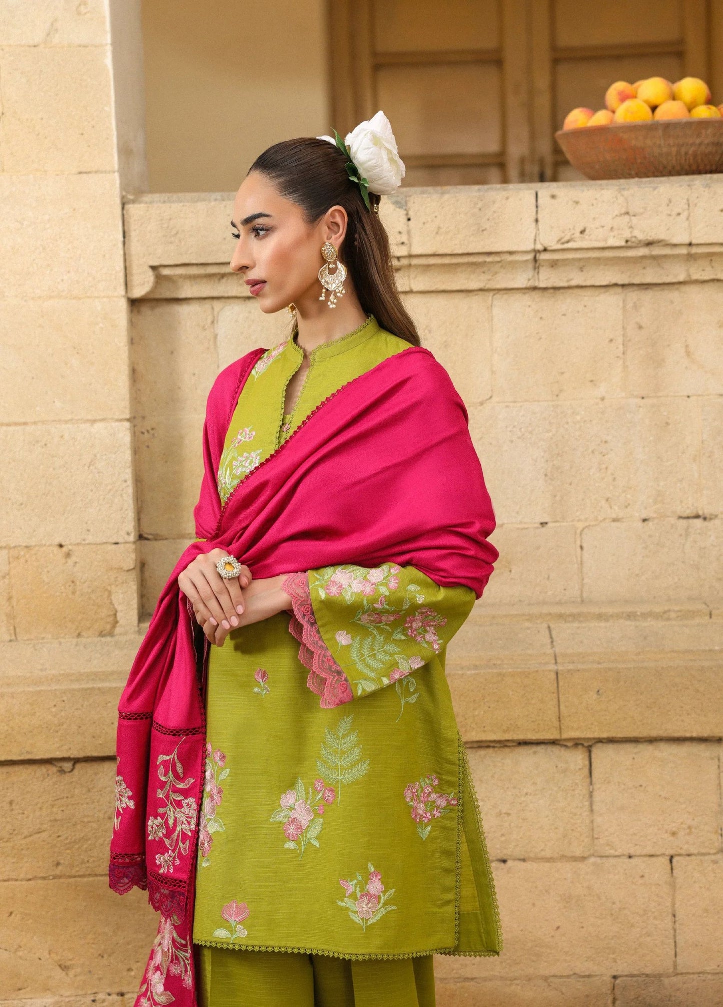 ZSA2 Ziya by Sahar – Olive Embroidered Khaddar 3PC with Wool Shawl