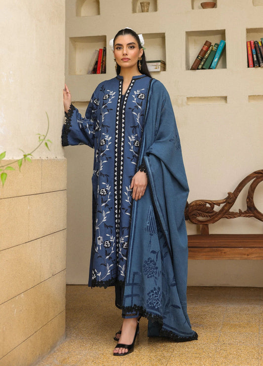 ZSA6 Ziya by Sahar – Midnight Blue Khaddar 3PC with Wool Shawl ZSA6