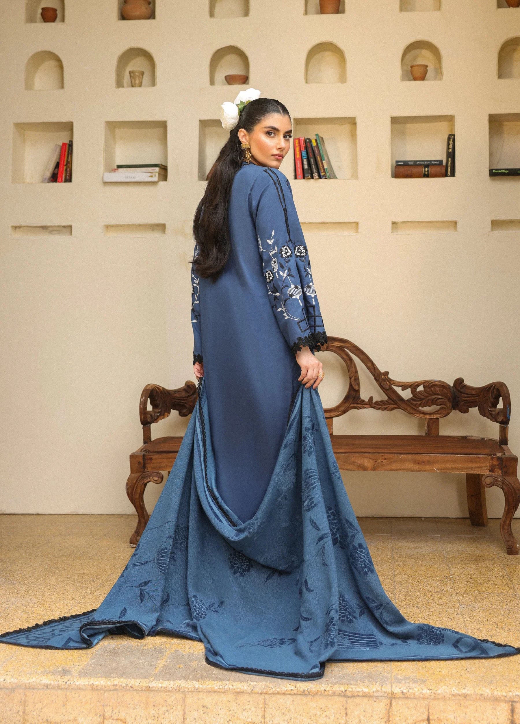 ZSA6 Ziya by Sahar – Midnight Blue Khaddar 3PC with Wool Shawl ZSA6