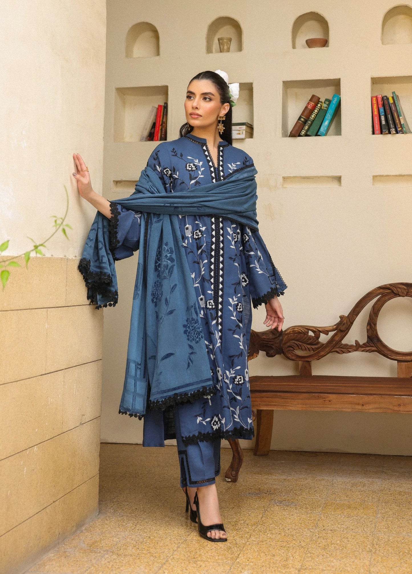 ZSA6 Ziya by Sahar – Midnight Blue Khaddar 3PC with Wool Shawl ZSA6