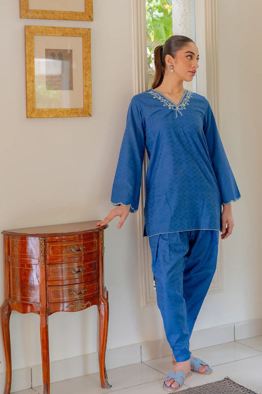 Indigo Embroidered Dobby Jacquard 2pc Winter Set – Sahar SWC1