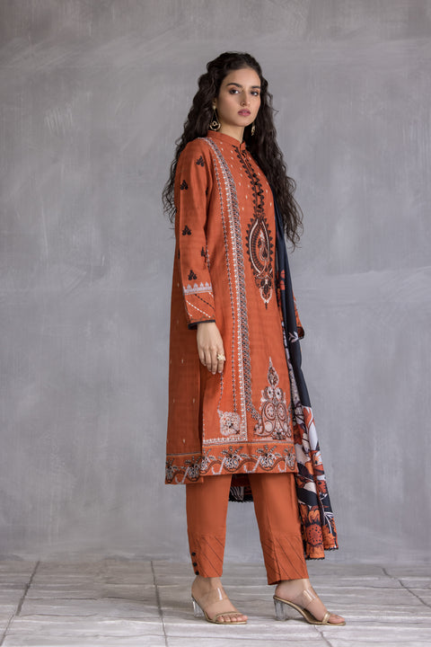 Hemline 3pc Jacquard slub Embroidered Dress 04