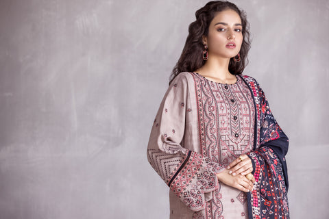 Hemline 3pc Jacquard slub Embroidered Dress 02