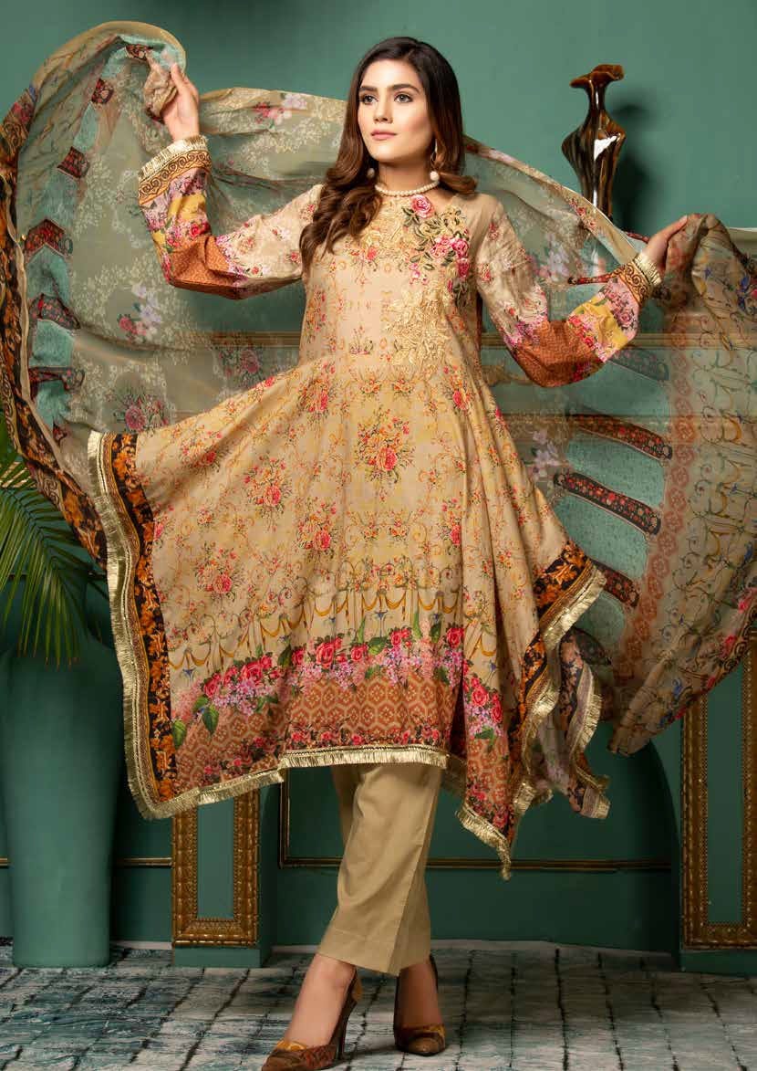 Riwayat by Eileen Pret Embroidered Chiffon 4 Piece Suit C16-Omaira Mahndi - Festive Collection