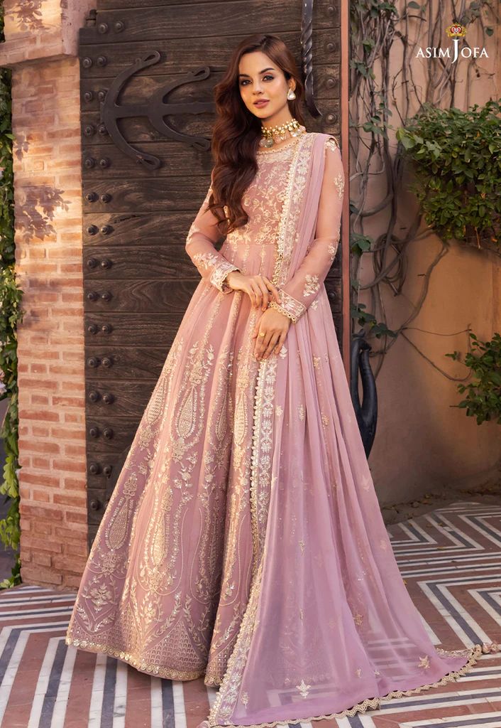 asim jofa pink dress AJBN-05 EMBROIDERED NET 3 PCS Asim Jofa