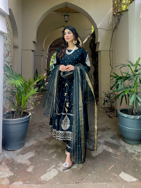 3pc Cotton Embroidered Long Frock V19