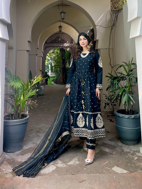 3pc Cotton Embroidered Long Frock V19