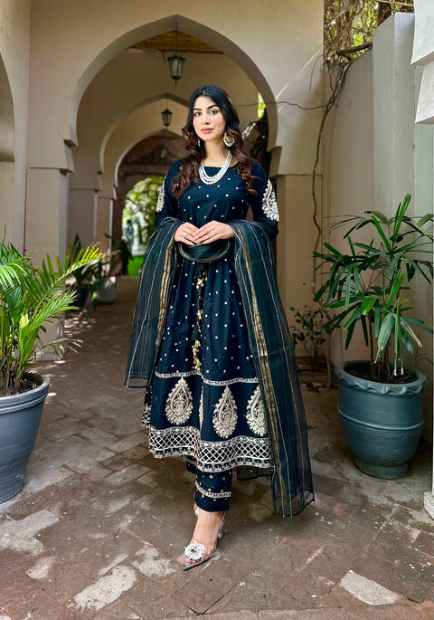 3pc Cotton Embroidered Long Frock V19