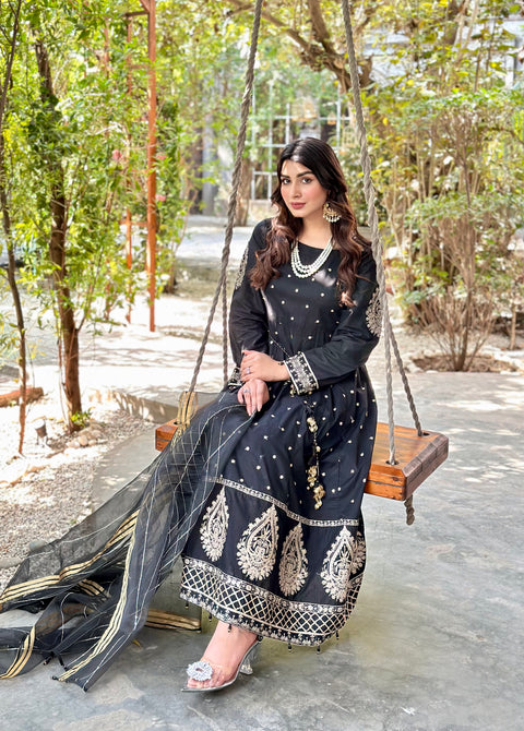 3pc Cotton Embroidered Long Frock V19