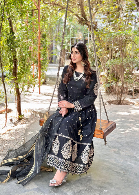 3pc Cotton Embroidered Long Frock V19