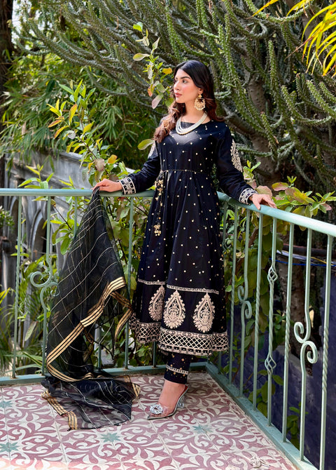 3pc Cotton Embroidered Long Frock V19
