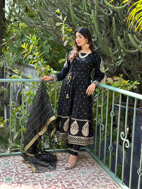 3pc Cotton Embroidered Long Frock V19