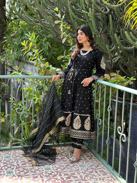 3pc Cotton Embroidered Long Frock V19