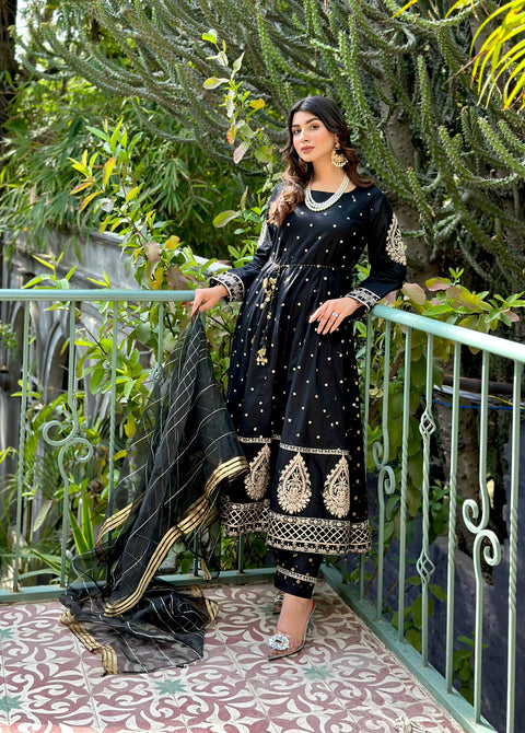 3pc Cotton Embroidered Long Frock V19