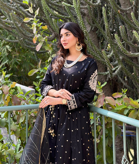 3pc Cotton Embroidered Long Frock V19