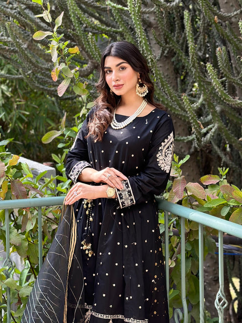 3pc Cotton Embroidered Long Frock V19