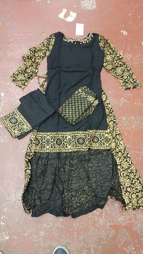 3 Piece Ready to Wear Pakistani block Printed back Tail Dress in Linen