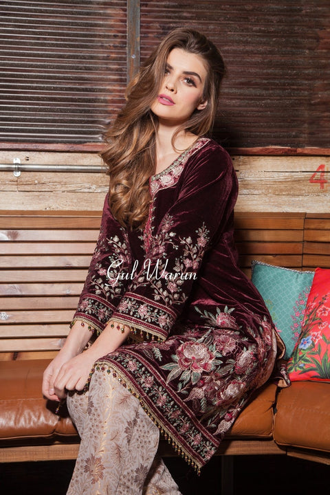 Crimson Luxury Velvet Dress by Gulwarun
