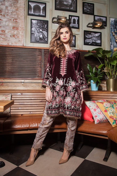 Crimson Luxury Velvet Dress by Gulwarun