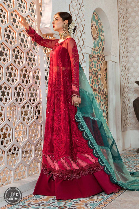 Maria B. Chiffon Cherry red with Shades of Teal 02