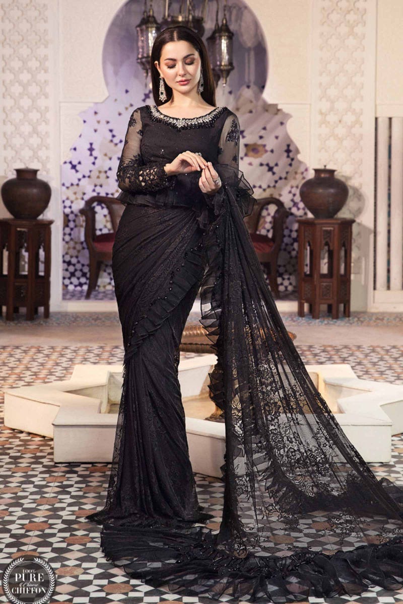 Maria B. Chiffon Black Saree 06