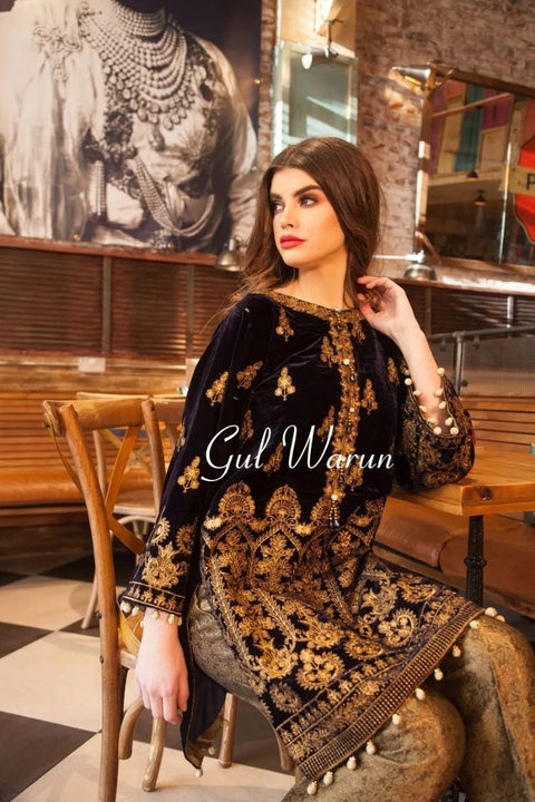 Blue Luxe 2 Pcs Luxury Velvet Dress by Gulwarun
