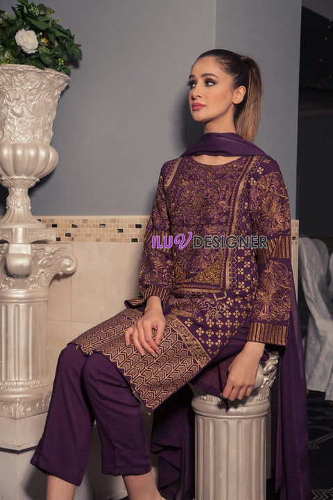 3 Piece Ready to wear stone linen dress by Sakeena Hasan