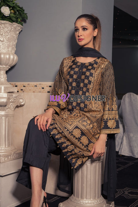 Ready to Wear Linen block printed Handworked Winter dress by Sakeena Hasan