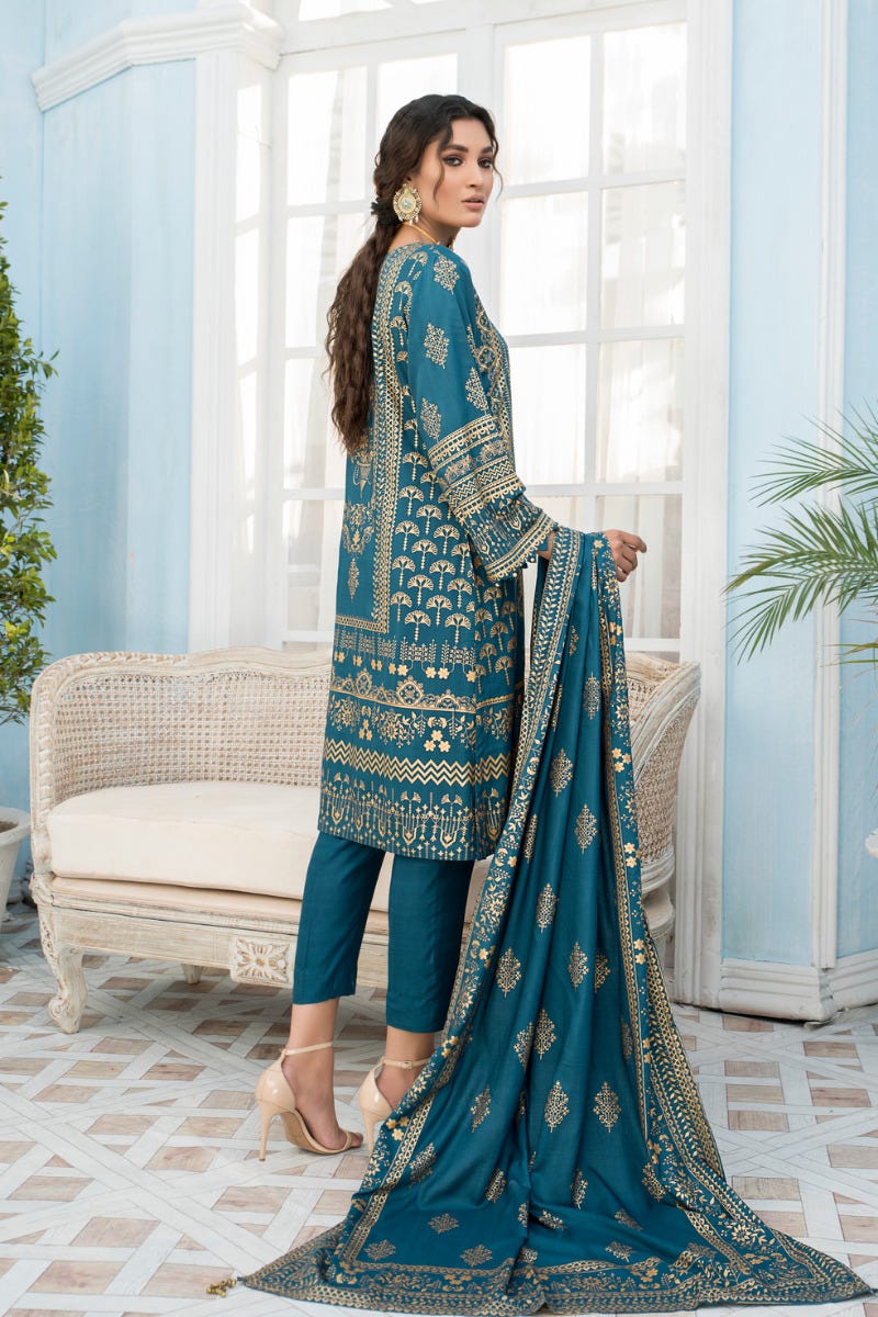 3 Pcs Ready To Wear Linen Screen Printed Dress by Zaiwa 09