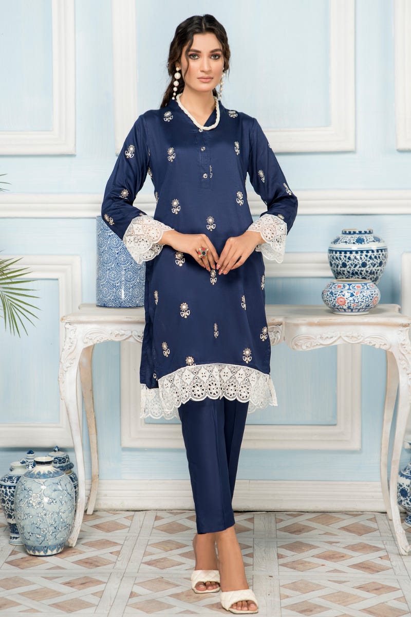 2 Pcs Ready To Wear Corduroy Embroidered Dress by Zaiwa 12