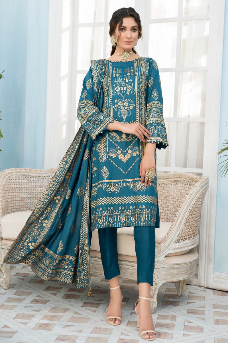 3 Pcs Ready To Wear Linen Screen Printed Dress by Zaiwa 09