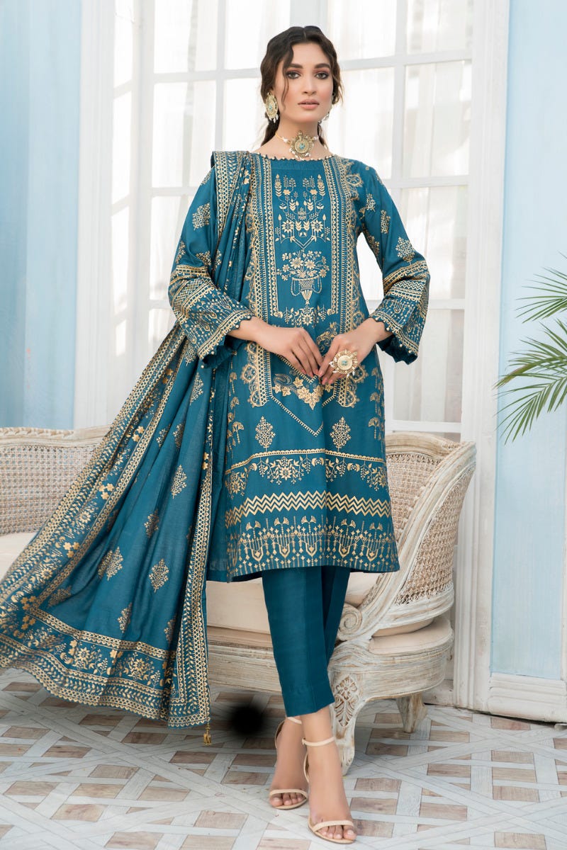 3 Pcs Ready To Wear Linen Screen Printed Dress by Zaiwa 09